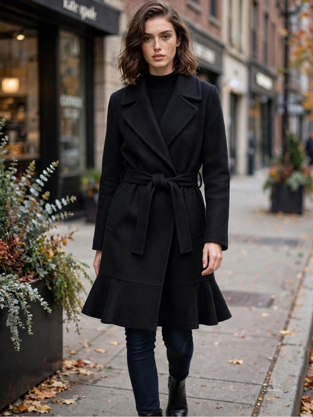 Kate Spade New York Wrap Coat Womens M Black Wool Blend Belted Ruffle Hem